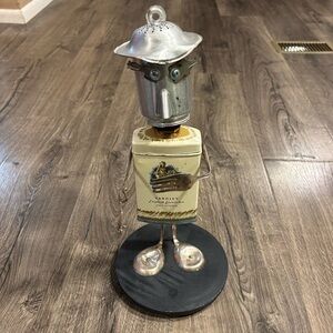 Found Object Art Robot Medal Sculpture Yardley Talc Powder Tin Thumbs Up